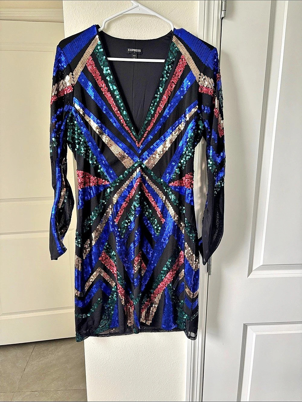 Express Sequin Geometric Mini Dress in Blue & Black Like New